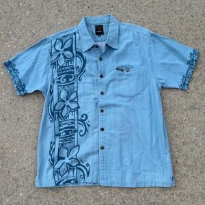 Tanoa Samoa Mens 3XL Blue Polynesian Tribal Print Short Sleeve Button Down Shirt